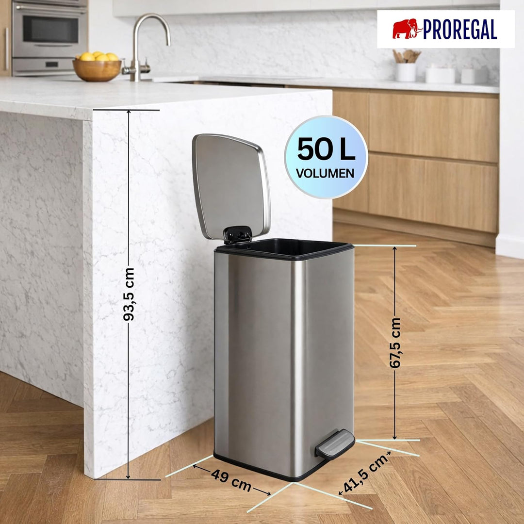 PROREGAL Mülleimer Küche Bad 50L, Abfalleimer mit Softclose & Stay-Open Deckel, Fusspedal & Inneneim