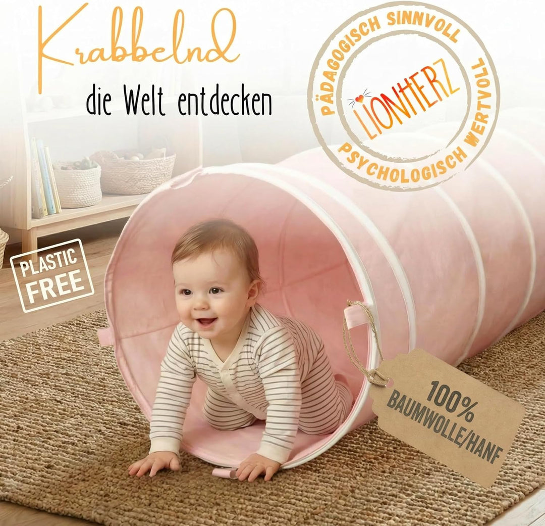 Spieltunnel für Kinder aus Baumwolle/Hanf mit Klettverschlüssen [180cm x 46cm] Krabbeltunnel für Bab