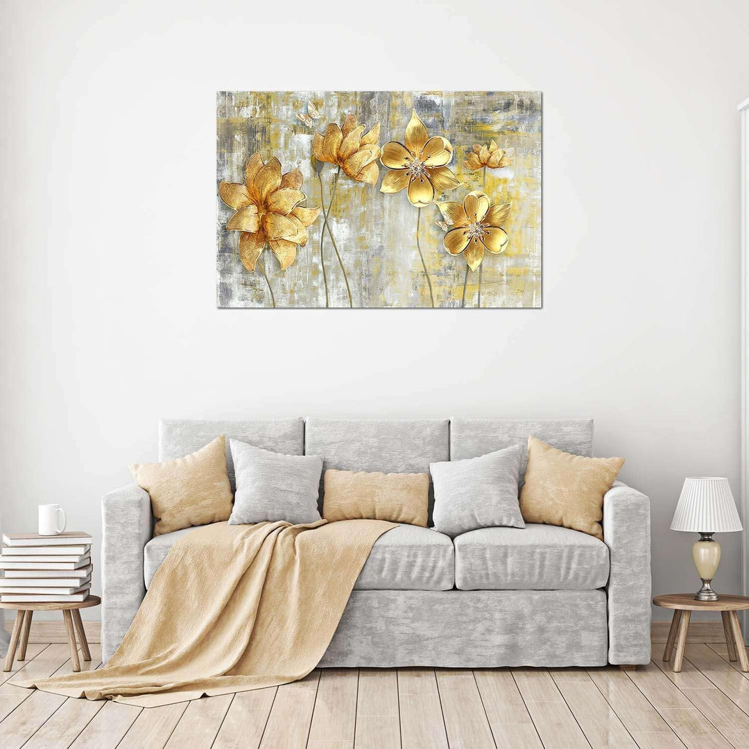 Startonight Bilder Goldene Blumen Grunge - Leinwandbilder Moderne Kunst - Abstrakte Wanddeko Kunstdr