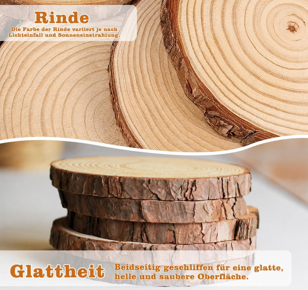 20er Set Holzscheiben 15 cm Durchmesser, Baumscheiben Naturholz mit Rinde, 15 mm Dick, Runde Holzsch