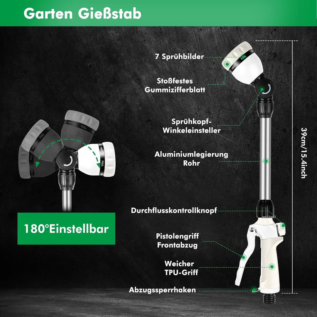 RESTMO Garten Giessstab Metall, 42cm Lang Gartenbrause mit Stiel, 180° schwenkbaren Kopf Stabbrause
