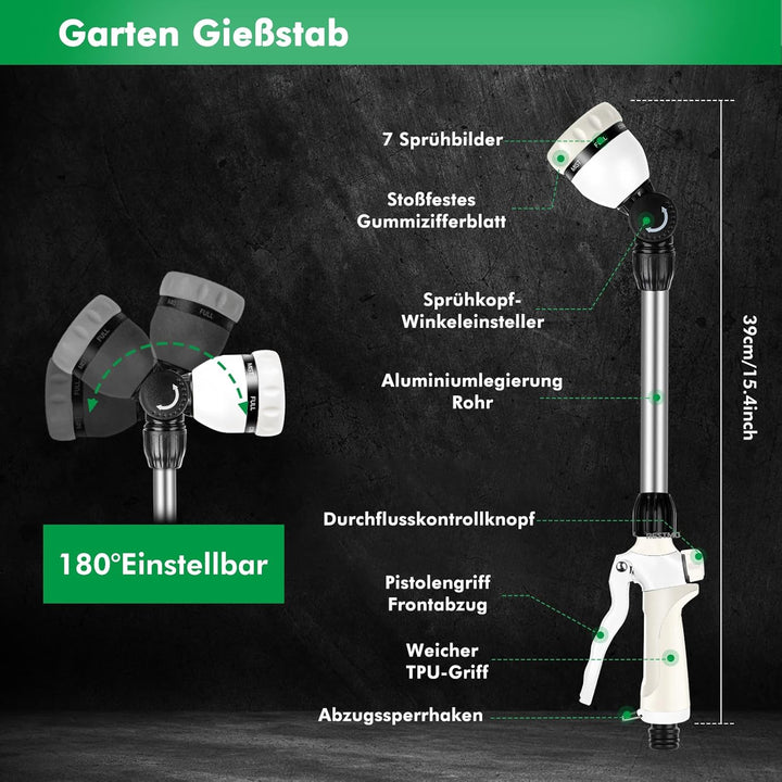 RESTMO Garten Giessstab Metall, 42cm Lang Gartenbrause mit Stiel, 180° schwenkbaren Kopf Stabbrause