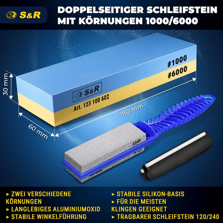 S&amp;R Praktisches Schleifstein-Set 4-tlg, Doppelseitiger Schruppstein, Abziehstein Körnung 1000/6000,