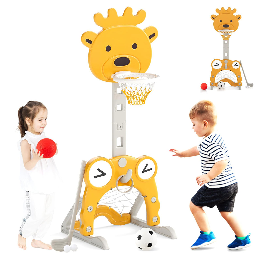 HOMASIS 4 in 1 Kinder Basketballkorb Set, multifunktional Basketballständer mit Fussballtor &amp; Golf &amp;