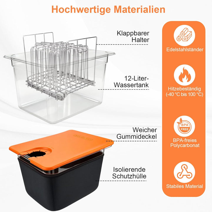 Sous Vide Behälter 12L, Sous Vide Container Deckel, Thermohülle und Rack für Meisten Sous Vide Garer