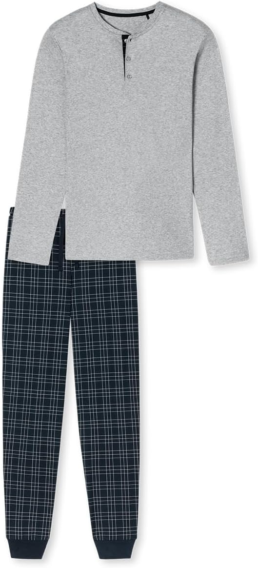 Schiesser Herren Schlafanzug lang mit Knopfleiste warme Baumwolle - Interlock 60 Grosse Grössen Grau