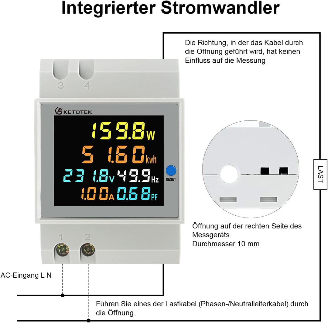 KETOTEK Stromzähler Hutschiene, Digitaler Energiezähler 6in1, AC40-300V 100A Wechselstromzähler KWh