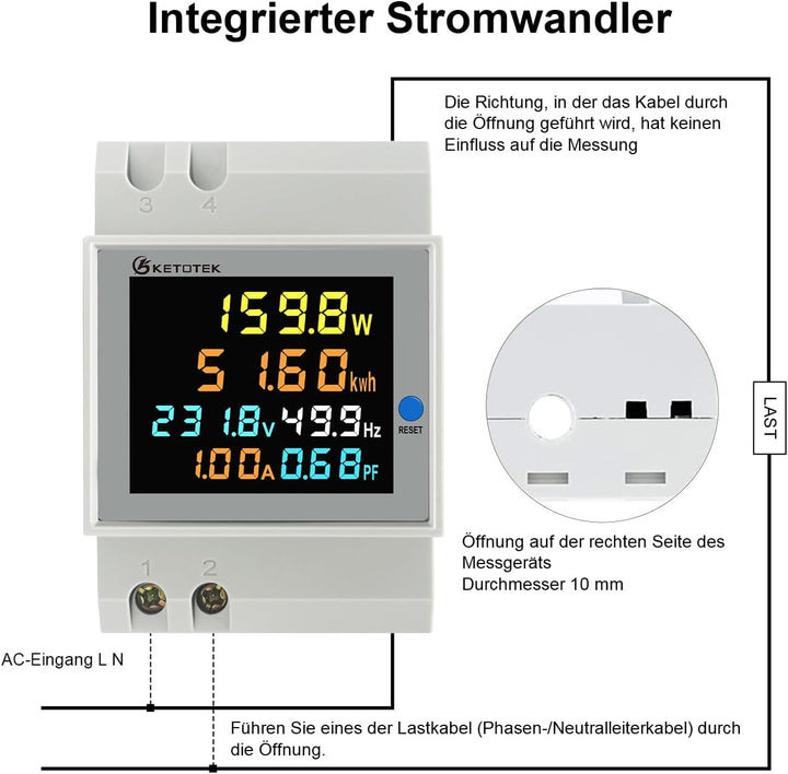 KETOTEK Stromzähler Hutschiene, Digitaler Energiezähler 6in1, AC40-300V 100A Wechselstromzähler KWh