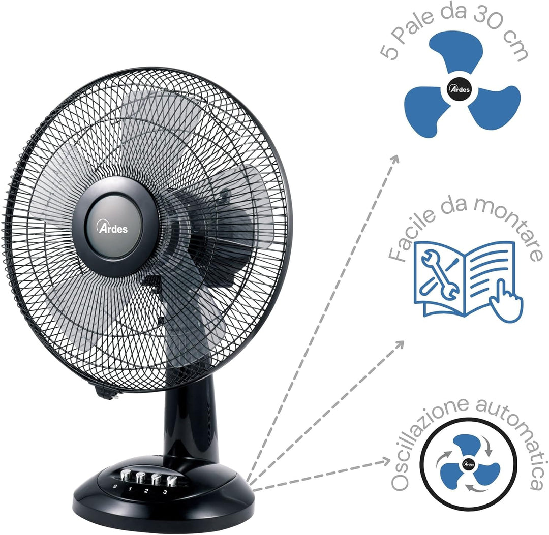 ARDES - Ardes-Tischventilator 30 cm Modell Penny, 5 Flügel, oszillierend, mit verstellbarem Neigungs