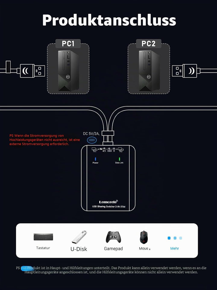 USB Switch Adapter, Lemorele 3 Ports USB Share USB Switch für 2 PCs, 2 In 3 Out USB KVM Switch Hub m