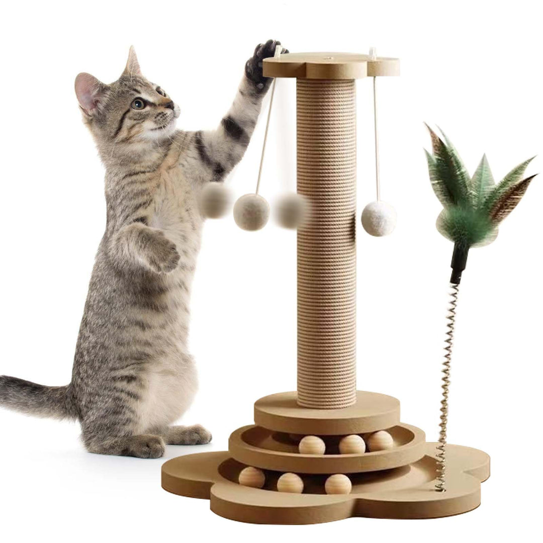 GOMETY 4 in 1 Katzenspielzeug aus Holz Roller 2-lagiger Drehteller Interaktives Katzen Spielzeug höl