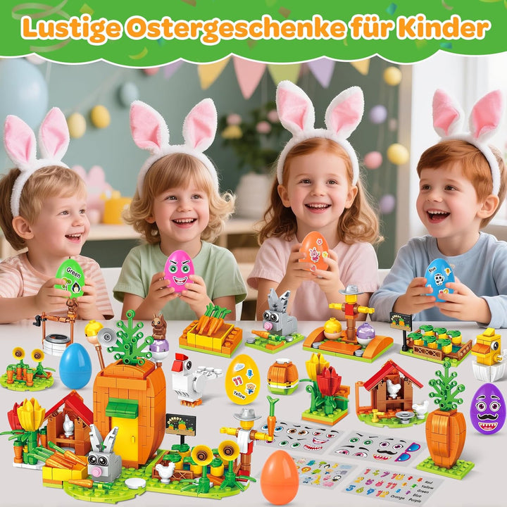 MOONTOY Ostergeschenke Kinder, 12 Ostereier mit 12 Oster Bausteinsets & 4 Stickern, DIY Osternest Fü