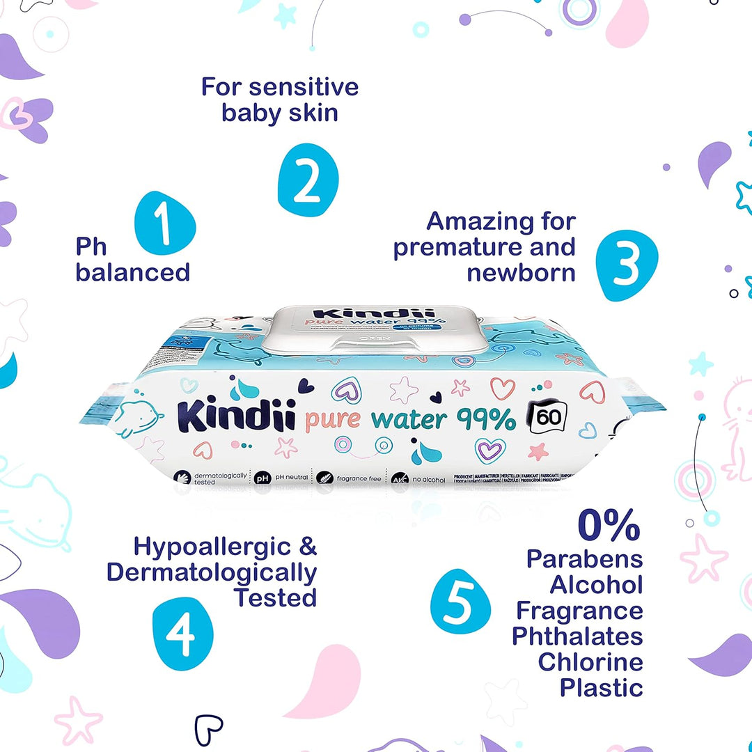 Kindii Feuchttücher Pure Water 99% – (12x60 Stück) Feuchttücher für Babys und Kinder – unparfümiert,