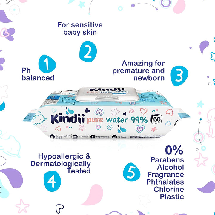Kindii Feuchttücher Pure Water 99% – (12x60 Stück) Feuchttücher für Babys und Kinder – unparfümiert,