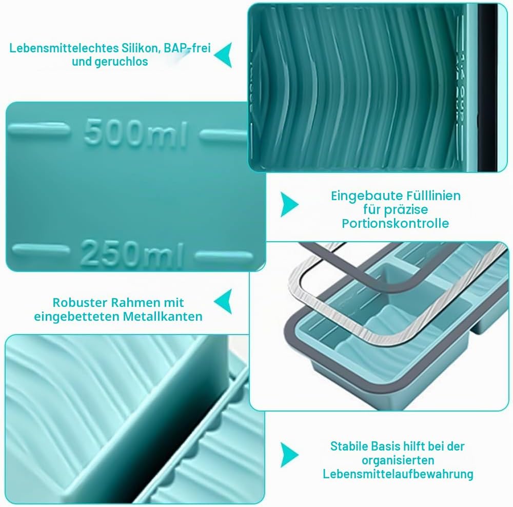 2 Stück Silikon Gefriertablett mit Deckel, 500ml Suppen Einfrieren Behälter mit 2 Fächern, Suppe Gef