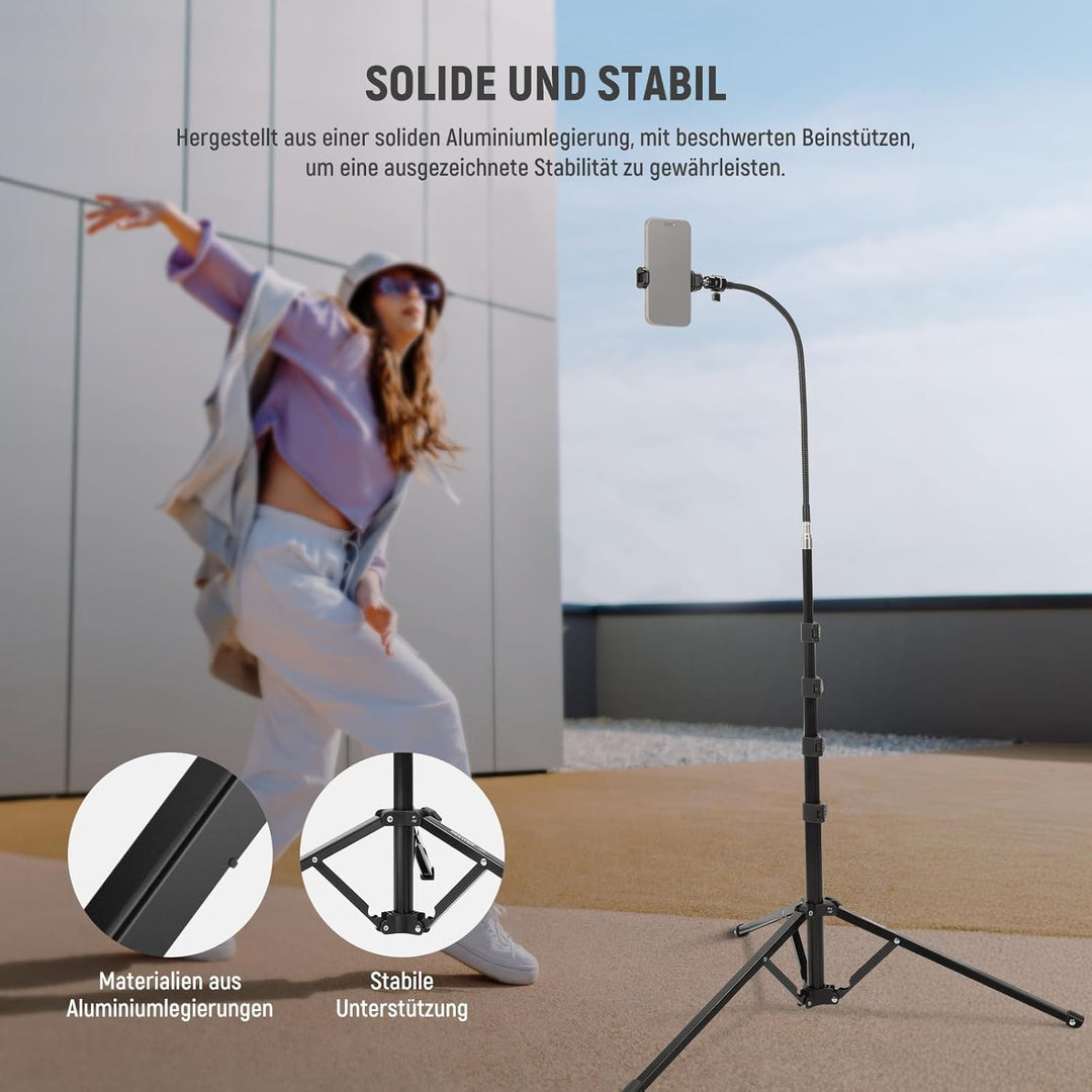 NEEWER 71" Handy Stativ Ständer mit umkehrbaren Beinen, flexiblem Arm, 360° Kugelkopf, Telefonhalter