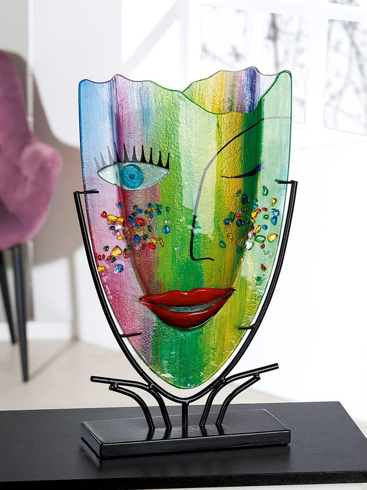 Glas Art Vase Dekovase Gesichtsvase aus Metallfuss - Deko Wohnzimmer - Geschenk für Frauen Geburtsta