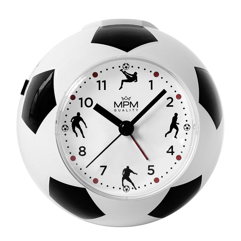 MPM Quality Design Kinder Wecker aus Kunststoff, Fussball Form und Motiv, Weiss/Schwarz, Quarz-Sweep