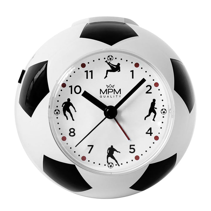 MPM Quality Design Kinder Wecker aus Kunststoff, Fussball Form und Motiv, Weiss/Schwarz, Quarz-Sweep