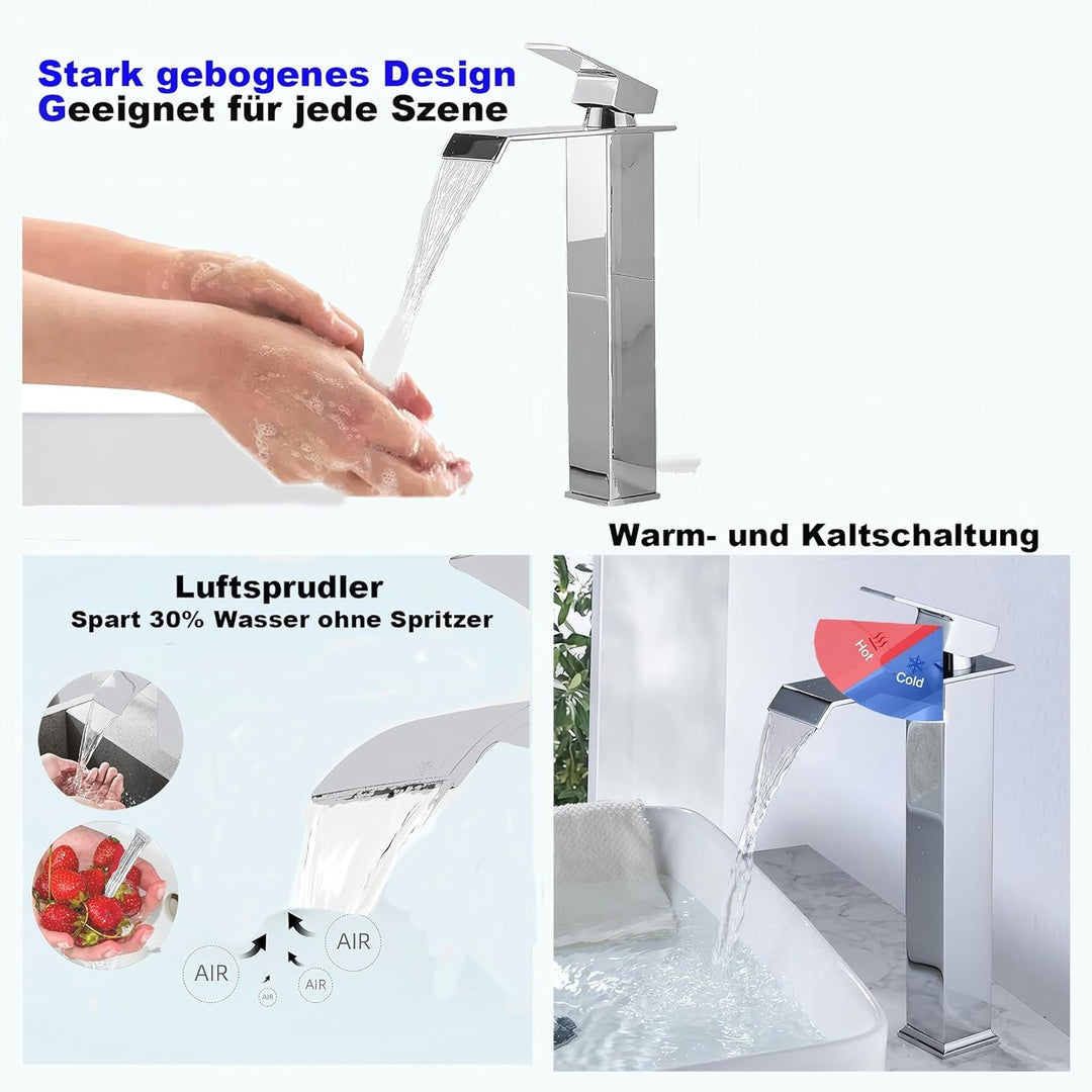 Wasserfall-Badezimmerarmatur, Einhebel-Waschtischarmatur, Wassersparend, Waschbeckenarmatur, Warm- u