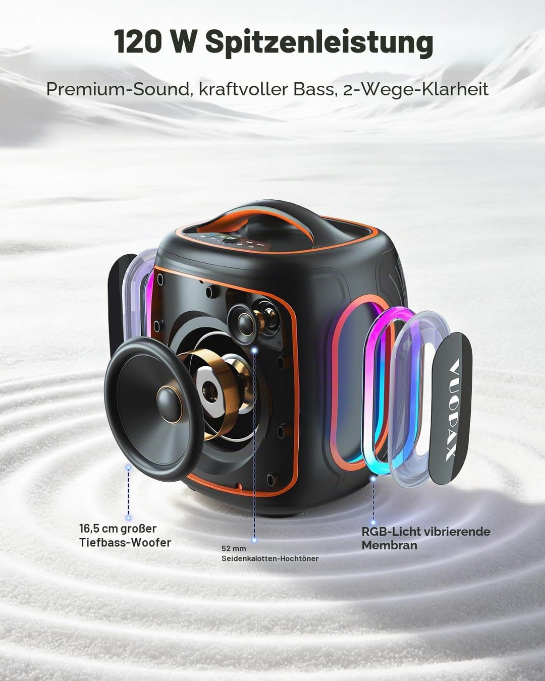 Bluetooth Lautsprecher Gross 120W, Tragbare Musikbox mit kraftvollem Sound, 6,5'' Woofer, Tiefbass &