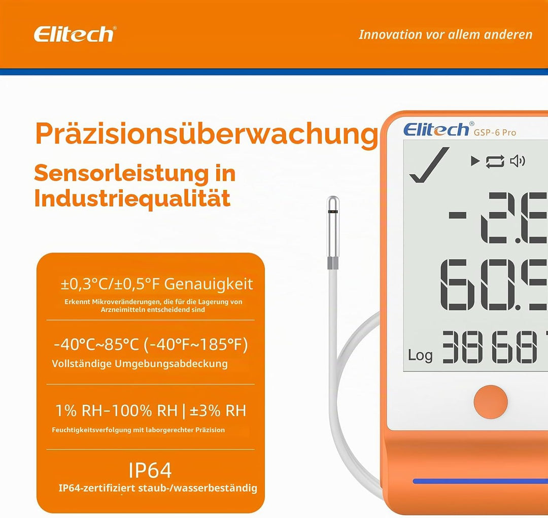 Elitech Temperatur Datenlogger, 16000 Punkte, Daten Aufzeichnungen und Export, Hohe Genauigkeit Sens