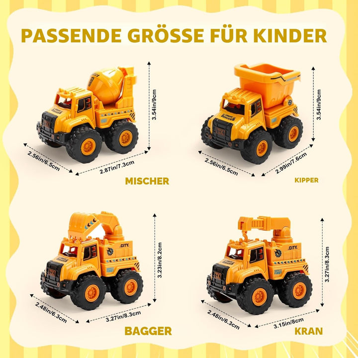 Baufahrzeug Spielzeug ab 1 2 Jahre Jungen & Mädchen – 4 STK. Push-and-Go Auto Set mit Bagger, LKW Ki