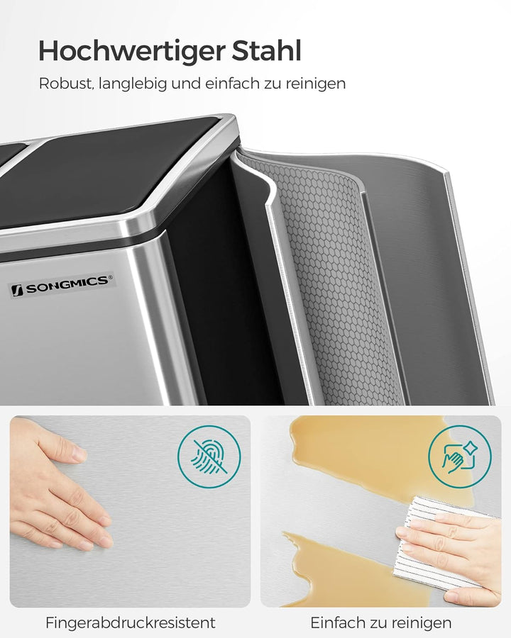 SONGMICS Mülleimer Küche, Mülltrennsystem, 3 x 18 L, Treteimer mit 3 Fächern, Abfalleimer, Softclose