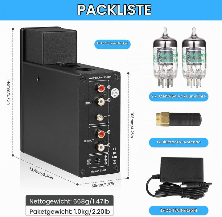 Douk Audio P6 HiFi Bluetooth Röhrenvorverstärker Stereo Audio Verstärker Kopfhörer Verstärker Tube P