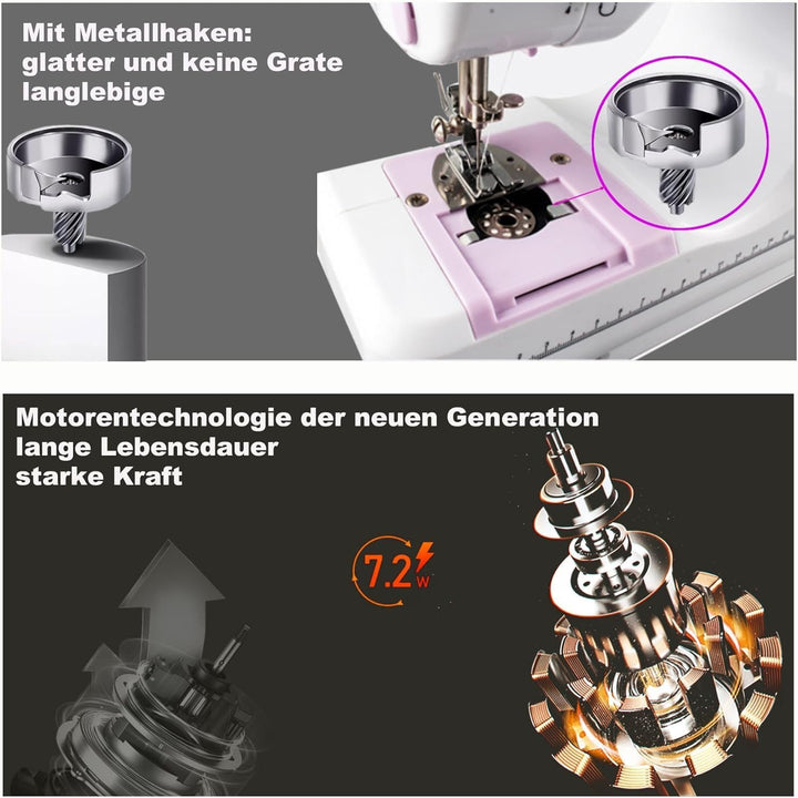 Nähmaschine für Anfänger, kleine Nähmaschine mit Fusspedal, Handbuch in 5 Sprachen, zwei Stromversor