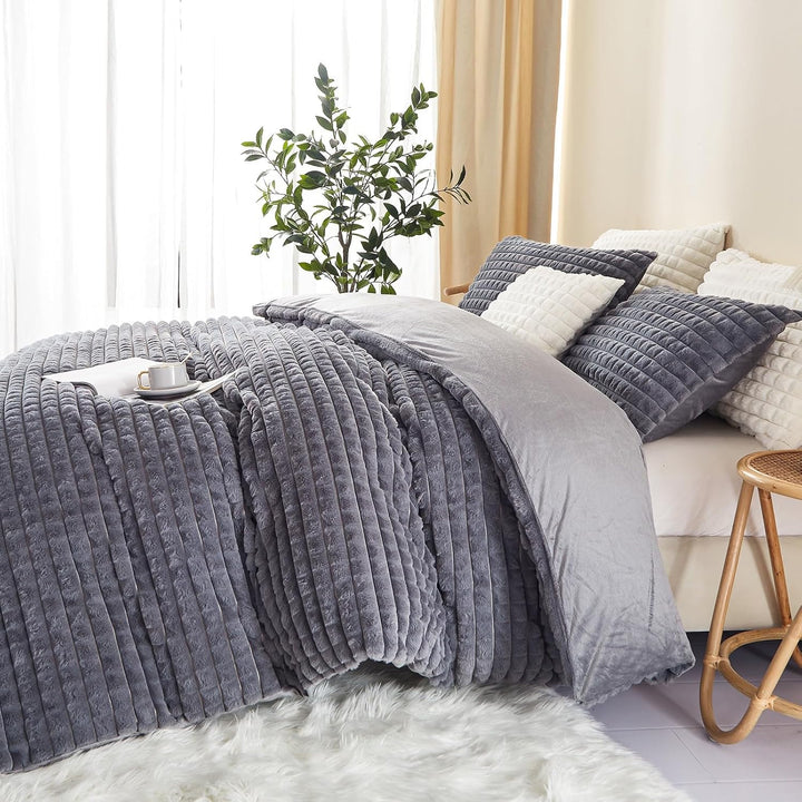 Tospass Plüsch Bettwäsche 200x220 cm 3 Teilig Winter Kaninchenfell Samt Bettwäsche Fleece Biber Grau