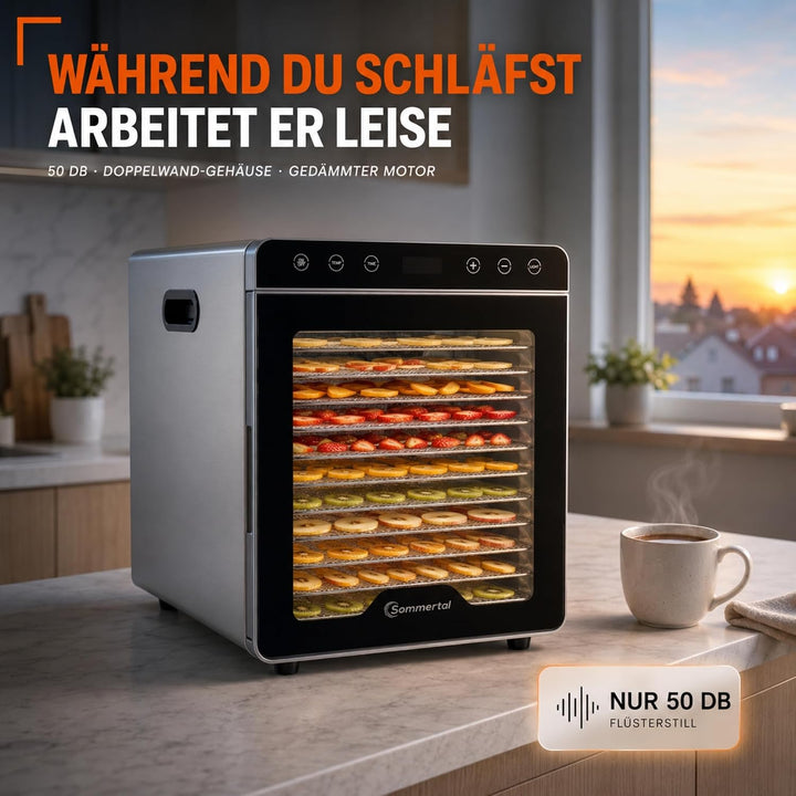 Sommertal Dörrautomat Silence 800 | 12 Edelstahl-Einschübe 800 Watt leise | 24h Timer, 30-85°C, Dehy