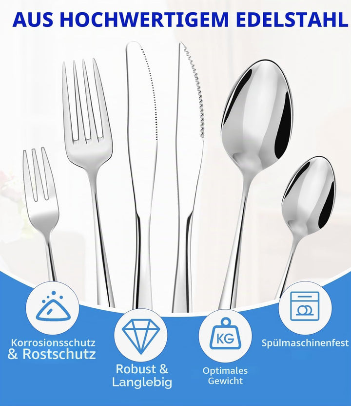 Besteck Set 12 Personen, 72 Teilig Essbesteck Set mit Steakmesser, Elegantes Essbesteck, mit Messer