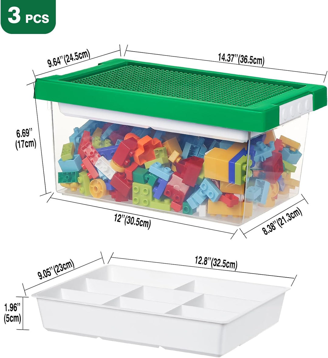 Greentainer Aufbewahrungsbox Spielzeug mit Deckel & AbnehmbaresTablett & Bauplatte,3er Spielzeug Box