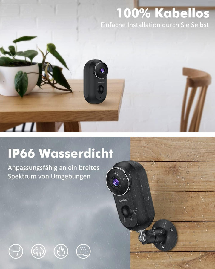 Überwachungskamera Aussen Akku, ZUMIMALL Kamera Überwachung WLAN, Kabellose Überwachungskamera Ausse