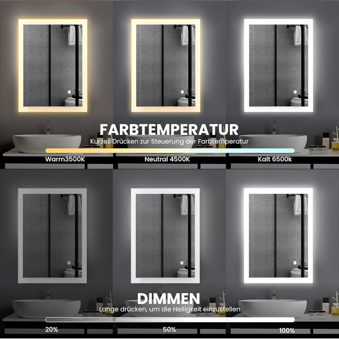 AllRight Badspiegel mit Beleuchtung 100x60cm | 3500K-6500K Dimmbarer LED Spiegel mit 3 Lichtfarben |