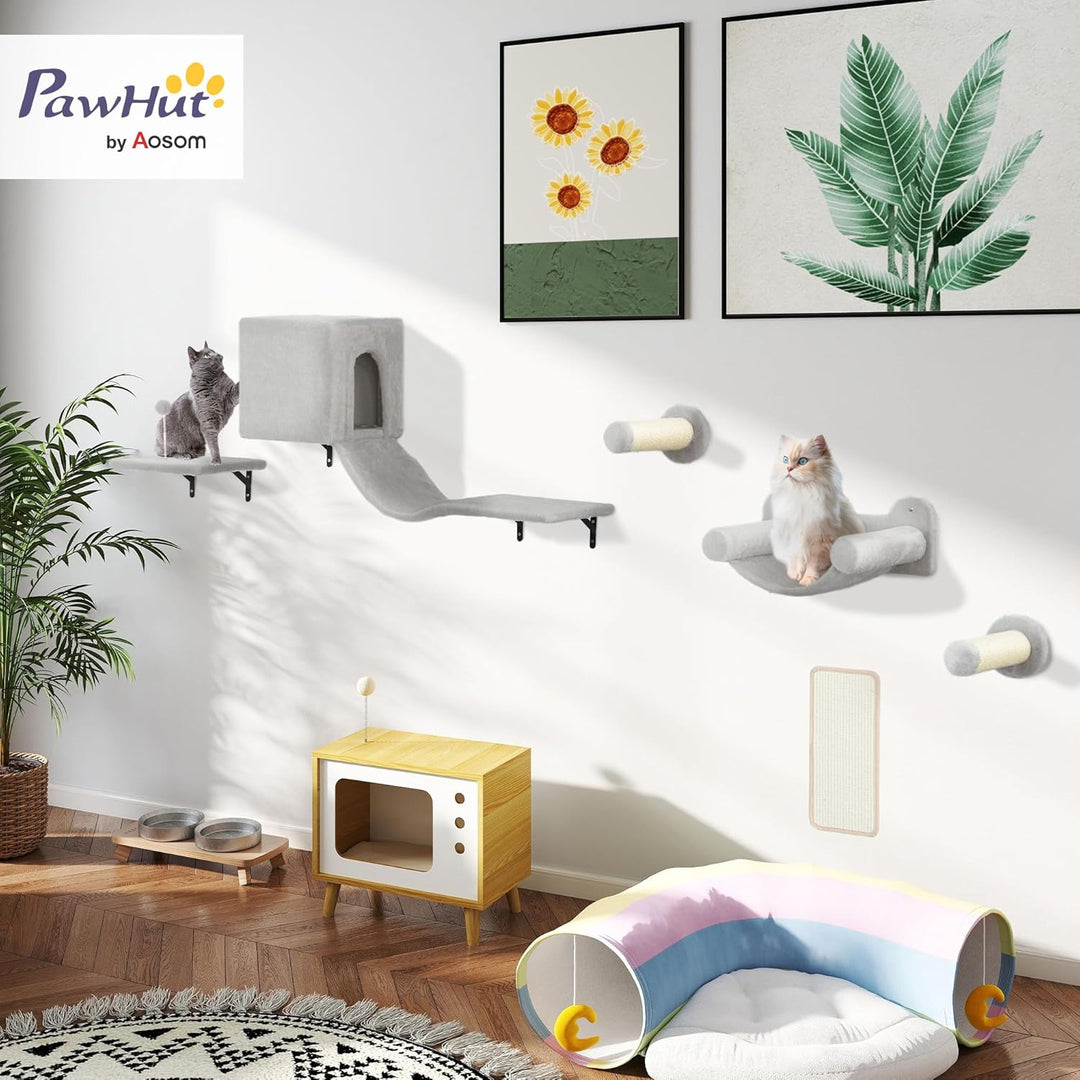 PawHut Kletterwand Katzen, 6-teilig Katzenkletterwand Set, Katzen Wandelemente mit Katzenhaus, Hänge