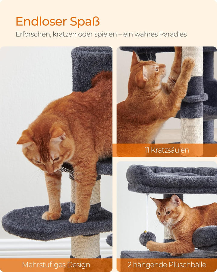 Feandrea Kratzbaum, 112 cm hoch, Katzenbaum mit 11 Kratzsäulen, 2 Plattformen, 1 Katzenhöhle, 1 Häng