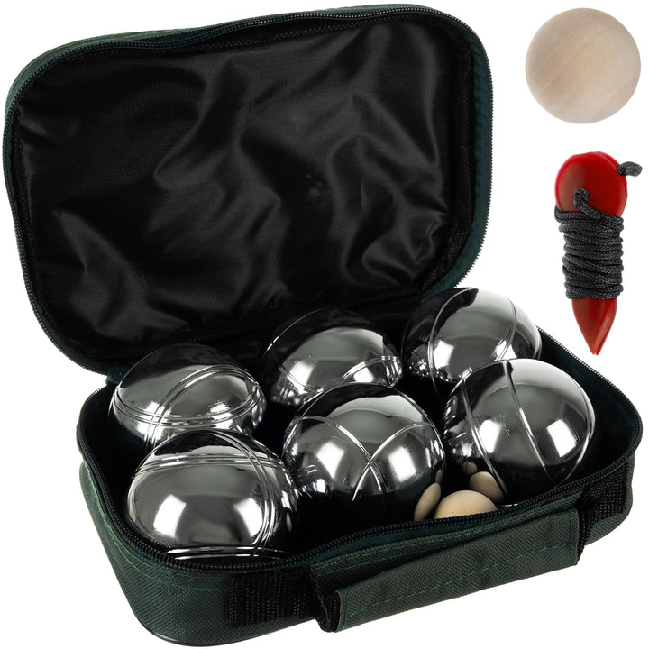 KRUZZEL Boule Set mit 6 gravierten Kugeln & Zubehör - Petanque Spiel mit Holzkugel, Massband & Trage