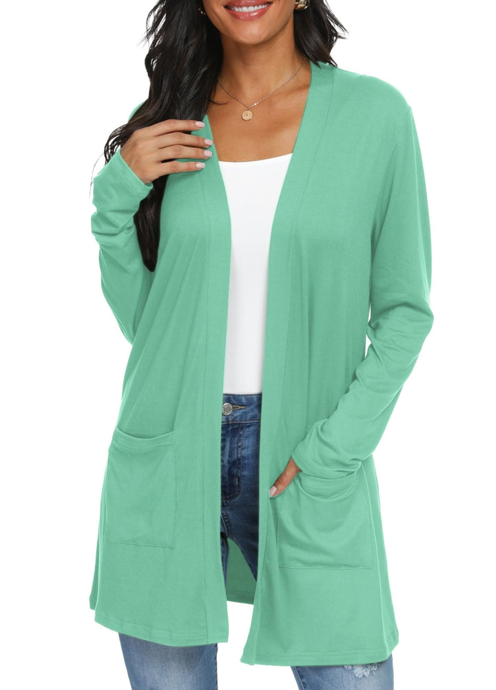QIXING Casual Leichte Strickjacke Damen Lang Elegant Dünne Strickjacke Lange Ärmel mit Taschen Open