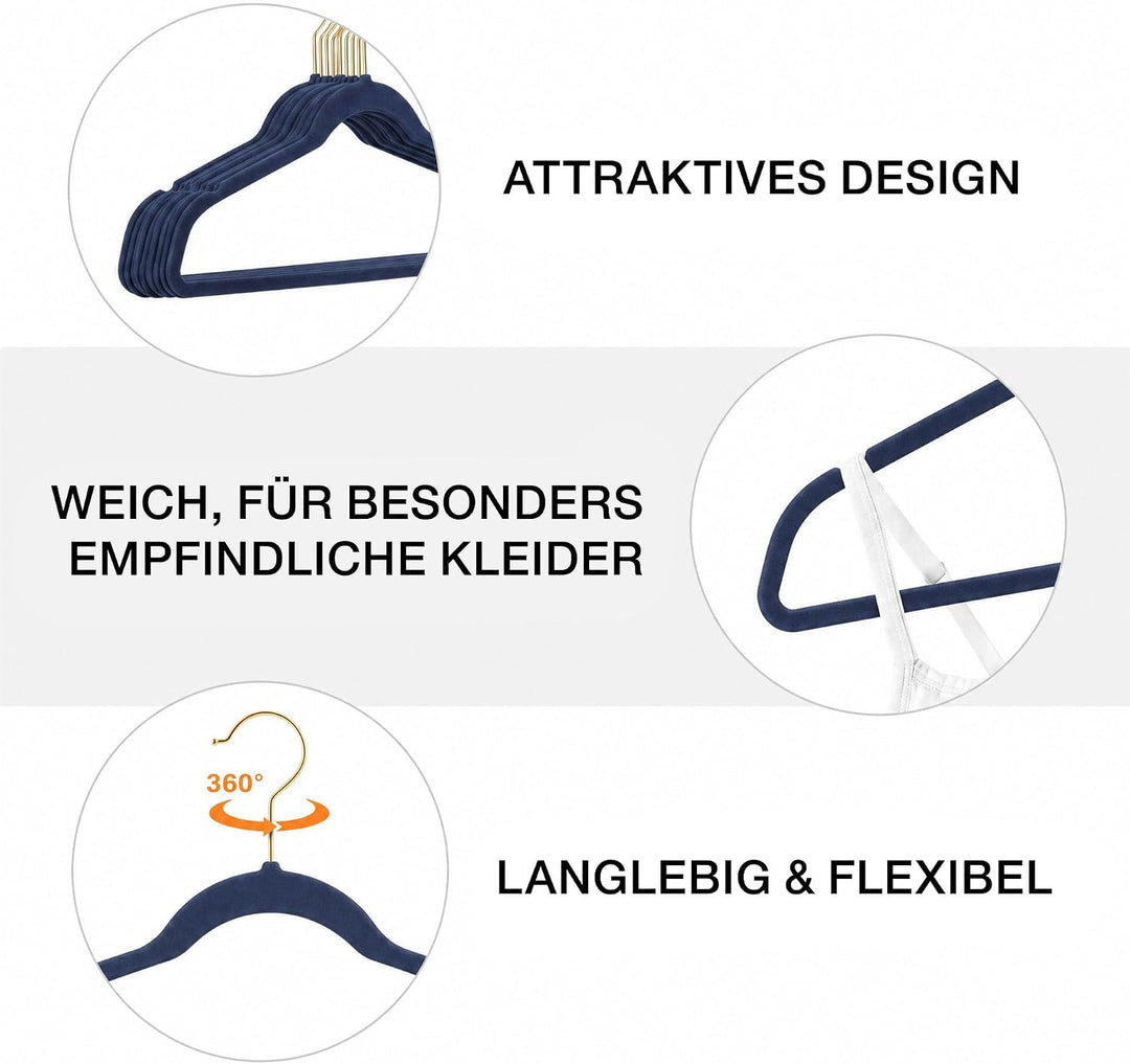 200 Stück hochwertige Samt Kleiderbügel in der Farbe Dunkelblau Navy mit Gold Look Haken/Anti-Rutsch