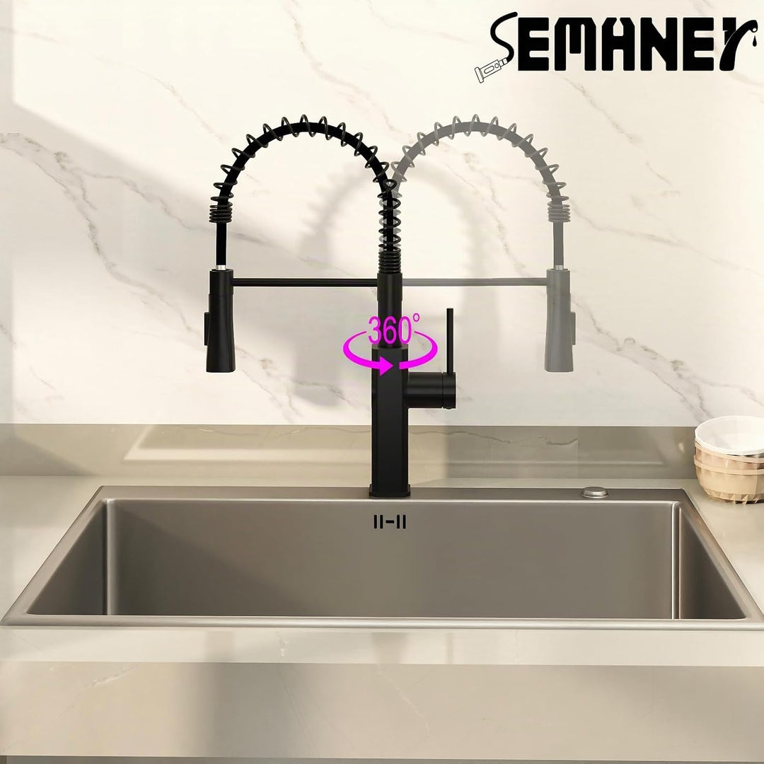Wasserhahn Küche Schwarz, SEMANEY Hochdruck Küchenarmatur Ausziehbar, Armatur Küche mit Brause 2 Str