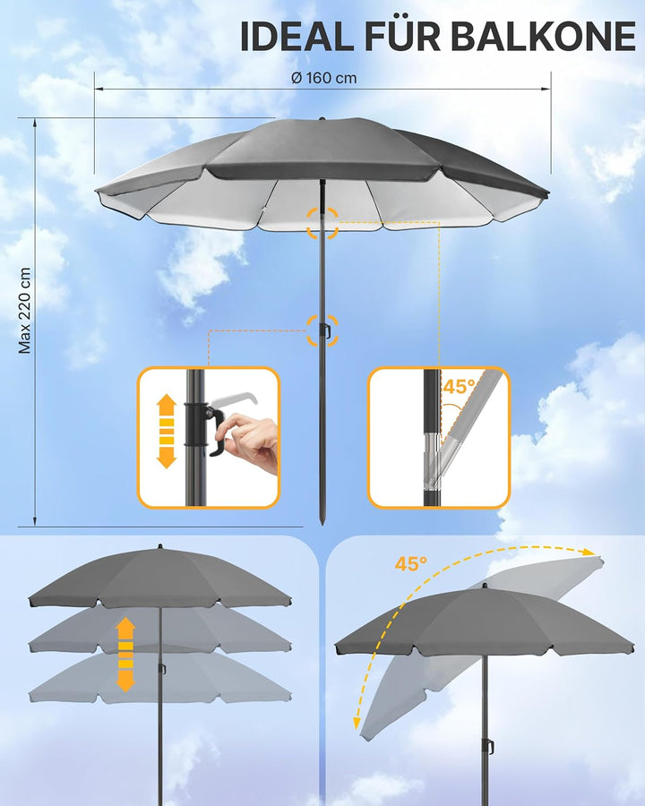 4smile Sonnenschirm balkon Ø 160 cm SunnyJoy, Anthrazit - UPF 50+ Strandschirm, sicherer Sonnenschut