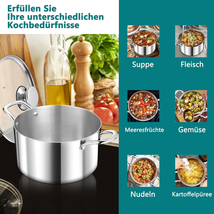 TEAMFAR Kochtopf, 20cm Topf Induktion aus 3-Lagen Edeastahl, 3,3L Nudeltopf Fleischtopf mit Glasdeck