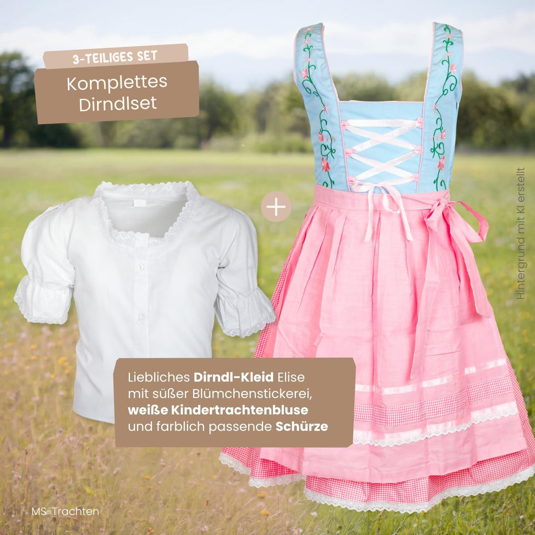 MS-Trachten Kinder Dirndl Kinderdirndl Trachtenkleid Elise rosa hellblau pastell 3 teilig 164 Hellro