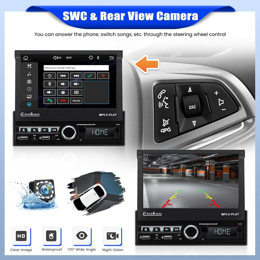 CAMECHO Autoradio 1 Din Navi mit Wireless Carplay & Android Auto, 7 Zoll Motorisch Ausfahrbarem Bild