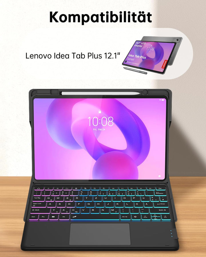 ROOFEI für Lenovo Idea Tab Plus 12,1 Zoll 2025 Hülle mit QWERTZ Tastatur - Regenbogen-Hintergrundbel