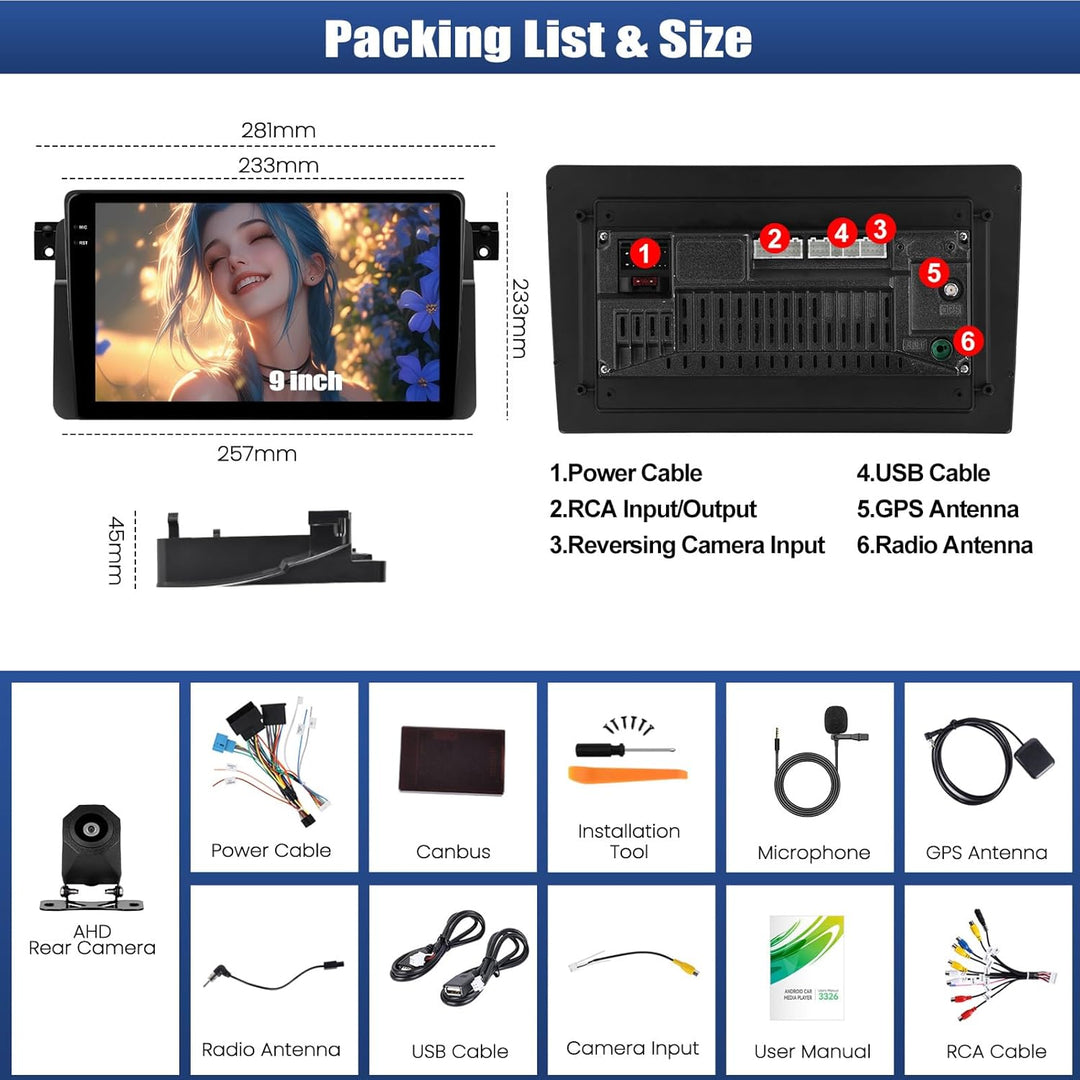 CAMECHO 4+128G 9 Zoll Android 15 Navi Autoradio für BMW 3er E46 1999-2005, E46 Radio Bluetooth mit G