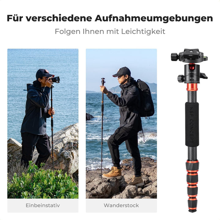 K&F Concept 152cm Carbon Stativ, Leichtes Tripod, Flexibles Kamera Stativ mit 360° Kugelkopf, 1/4''