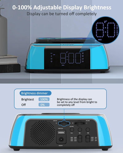 Digitaler Wecker mit kabellosem Laden, Bluetooth-Lautsprecher, Nachtlicht, Soundmaschine, 0-100% Dim